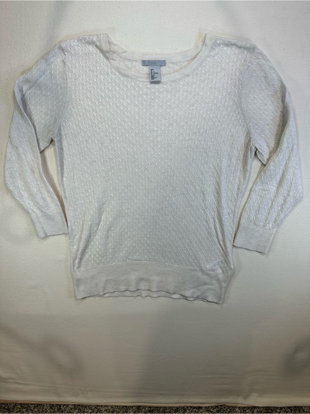 H&M White Textured Pointelle Open Stitch Wool Blend Knit Sweater Size L EUC